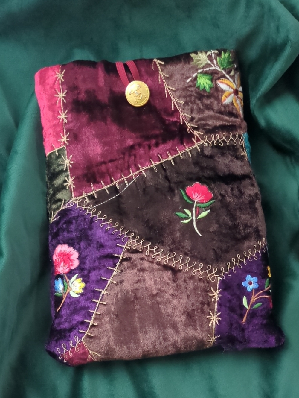 Handmade Vintage Crazy Quilt Velvet Book Sleeve Floral Embroidered